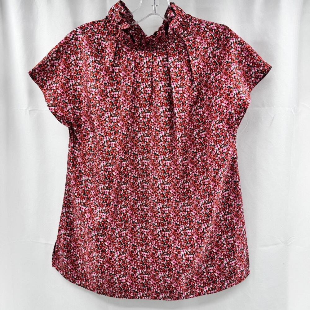 Ann Mashburn Ditsy Floral Silk Ruffle Top XS Cap Sleeve NWOT Red Multi Pleated